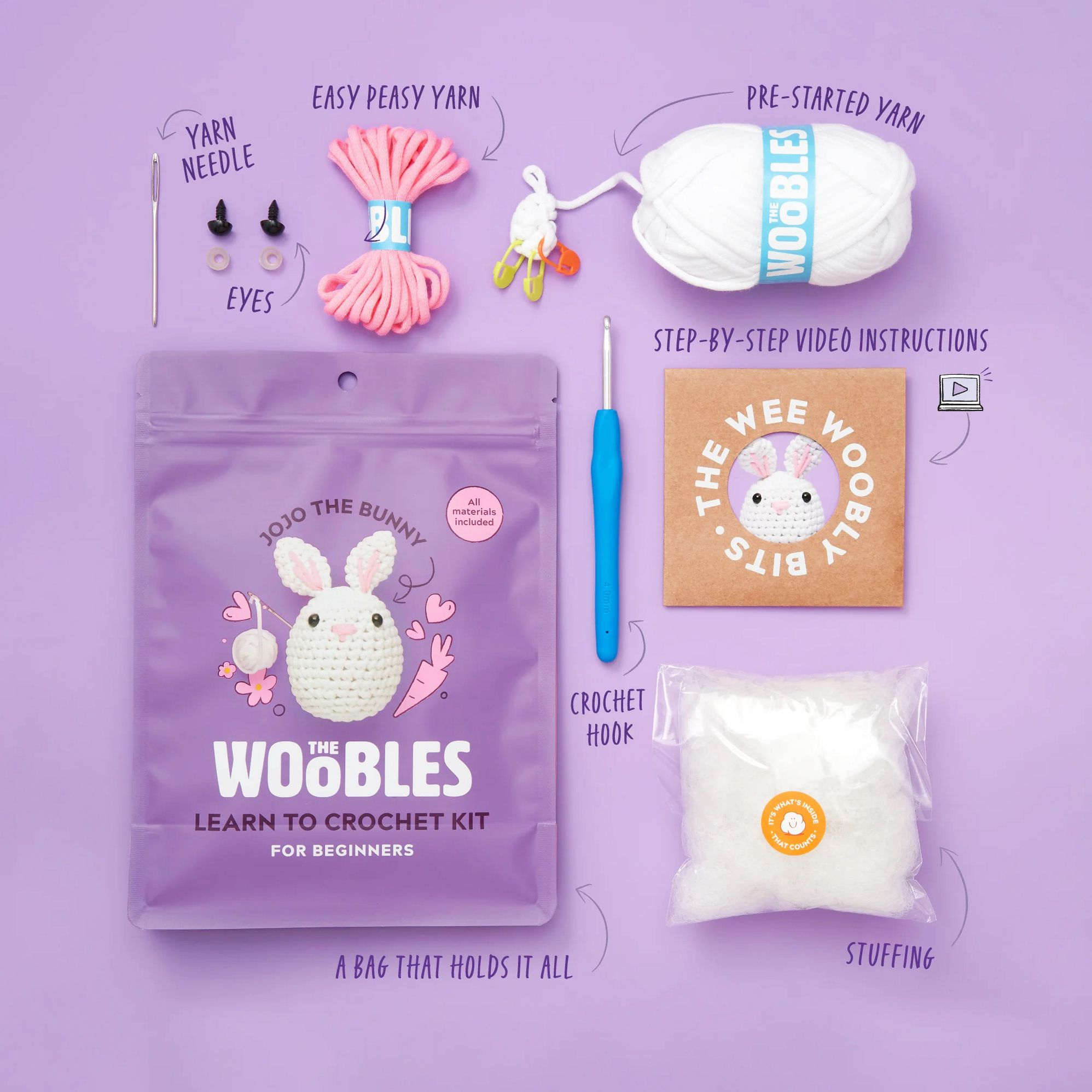 Alternative view of Jojo the Bunny, The Woobles, Bunny learn to Crochet kit