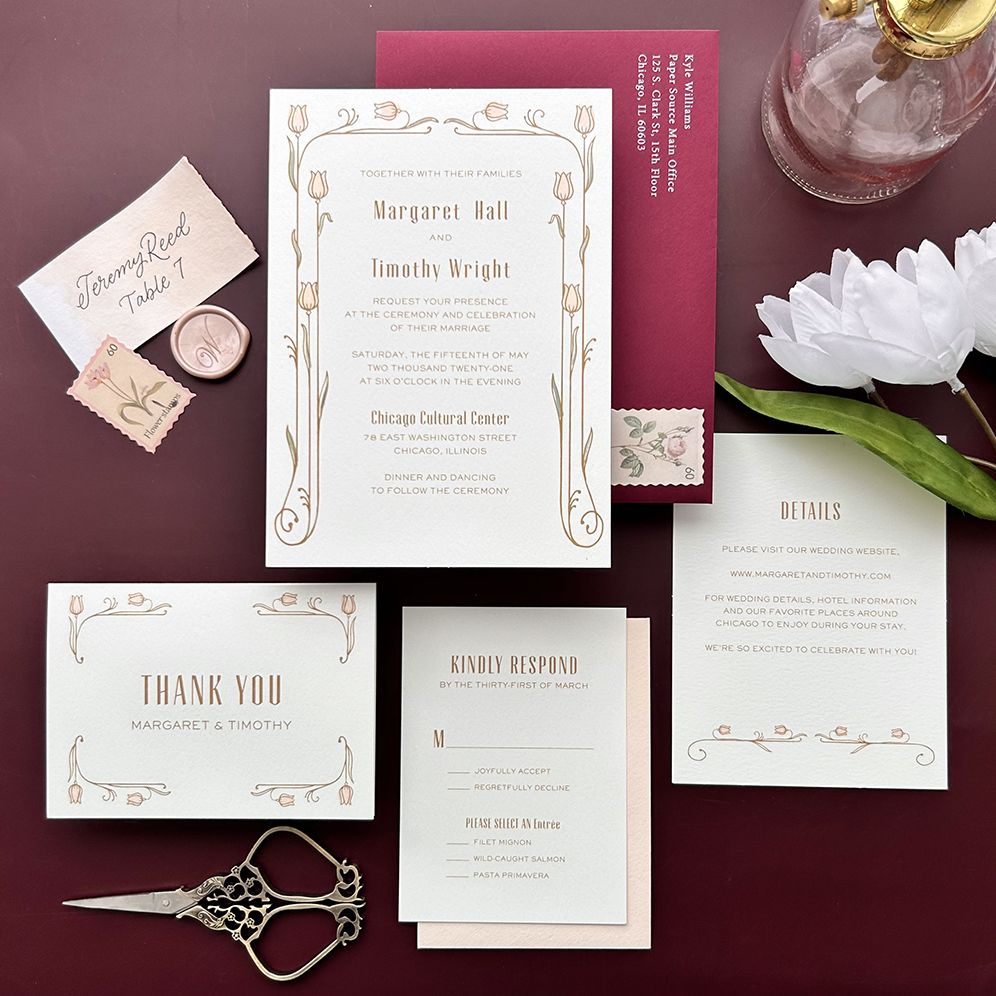 Alternative view of Nouveau Tulips Foil Stamped Wedding Invitation