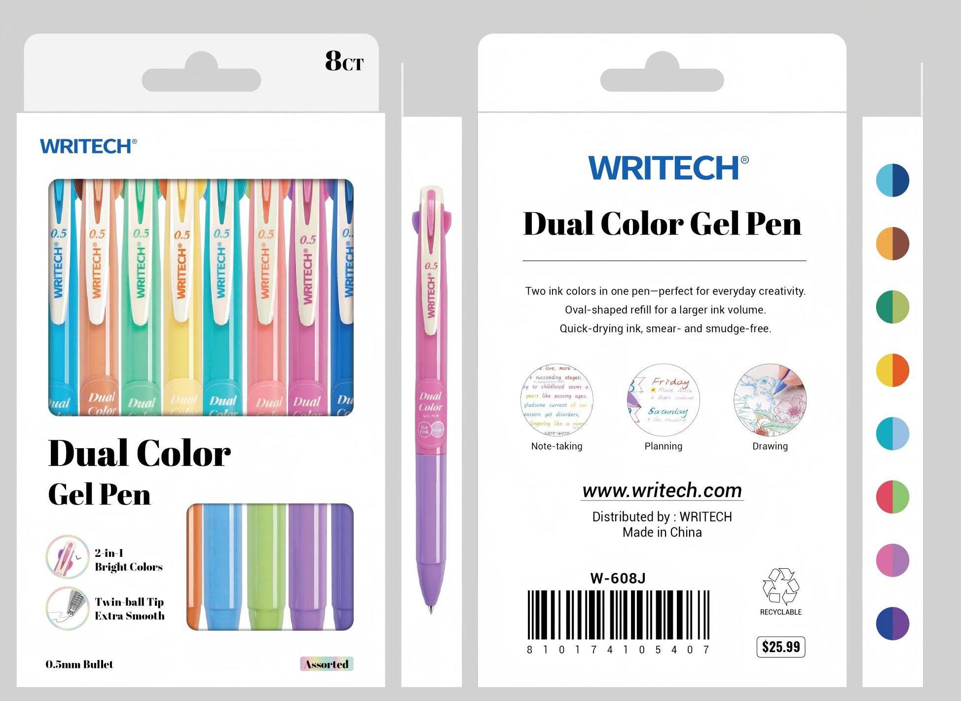 Alternative view of Vintage Dual Color Gel Pen S/8 - Assorted Ink