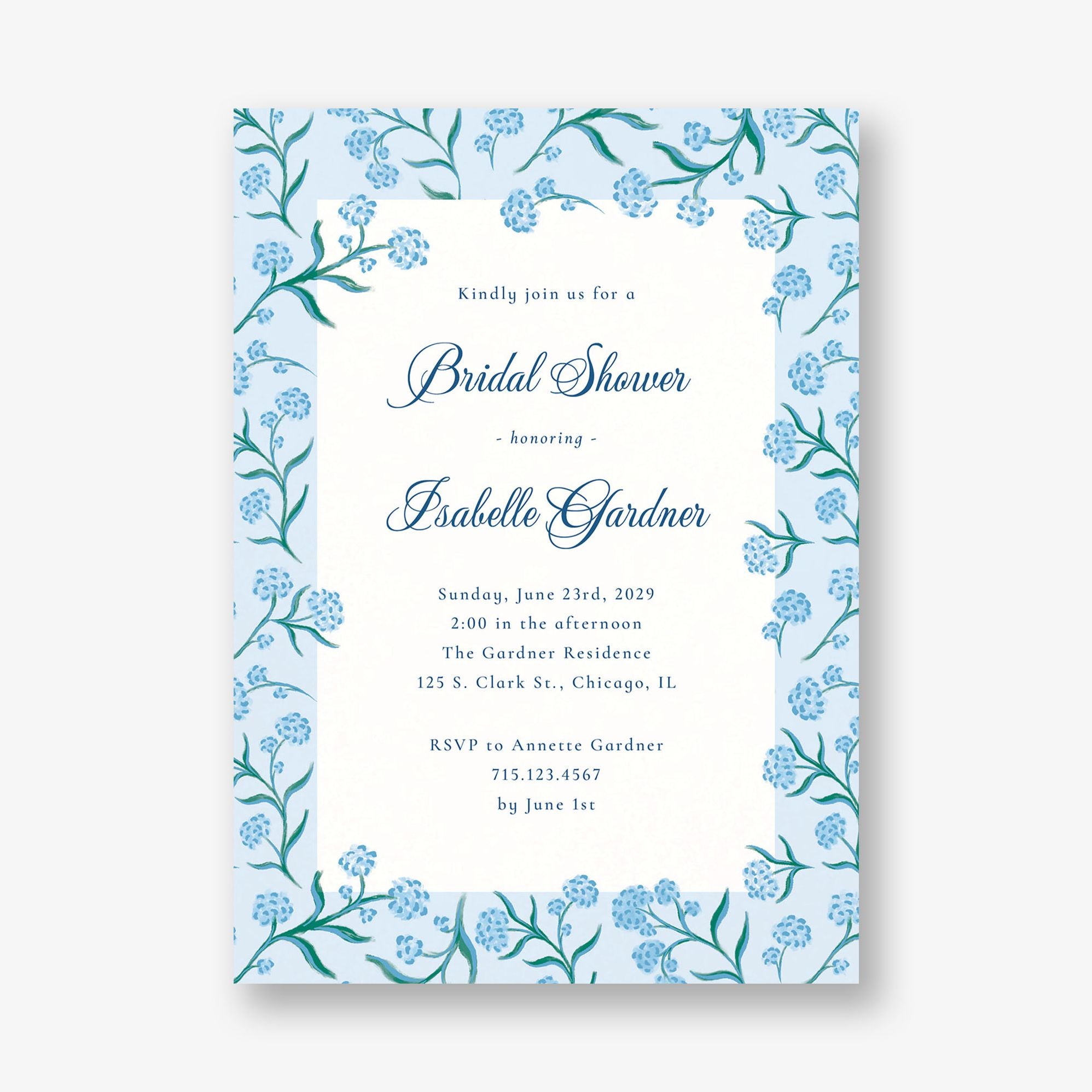 Blue Hydrangea Bridal Shower Invitation